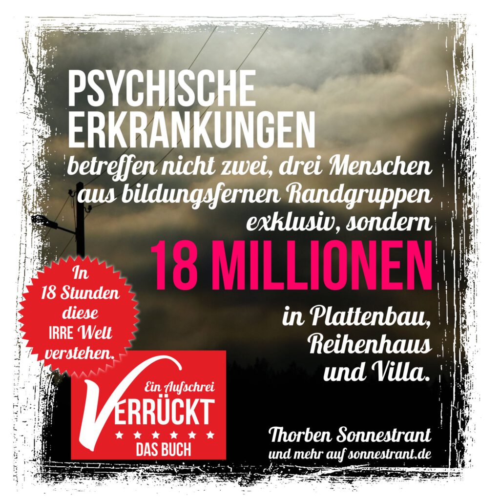 Psychische Erkrankungen betreffen nicht zwei, drei Leute aus bildungsfernen Schichten exklusiv, sondern 18 Millionen in Plattenbau, Reihenhaus und Villa.
